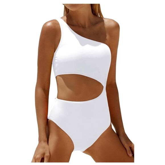 NWT One-Shoulder White Cut out one piece Swimsuit size Large - Picture 2 of 7